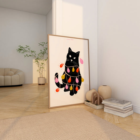 Cat Tanged in Christmas Lights Print