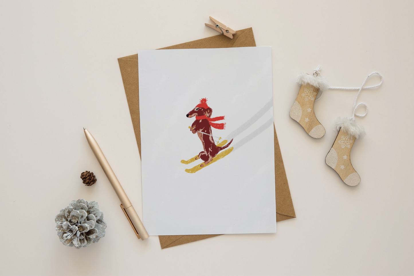 Skiing Sausage Dog Christmas Card