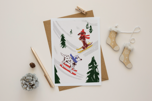 Skiing Dogs Christmas Card